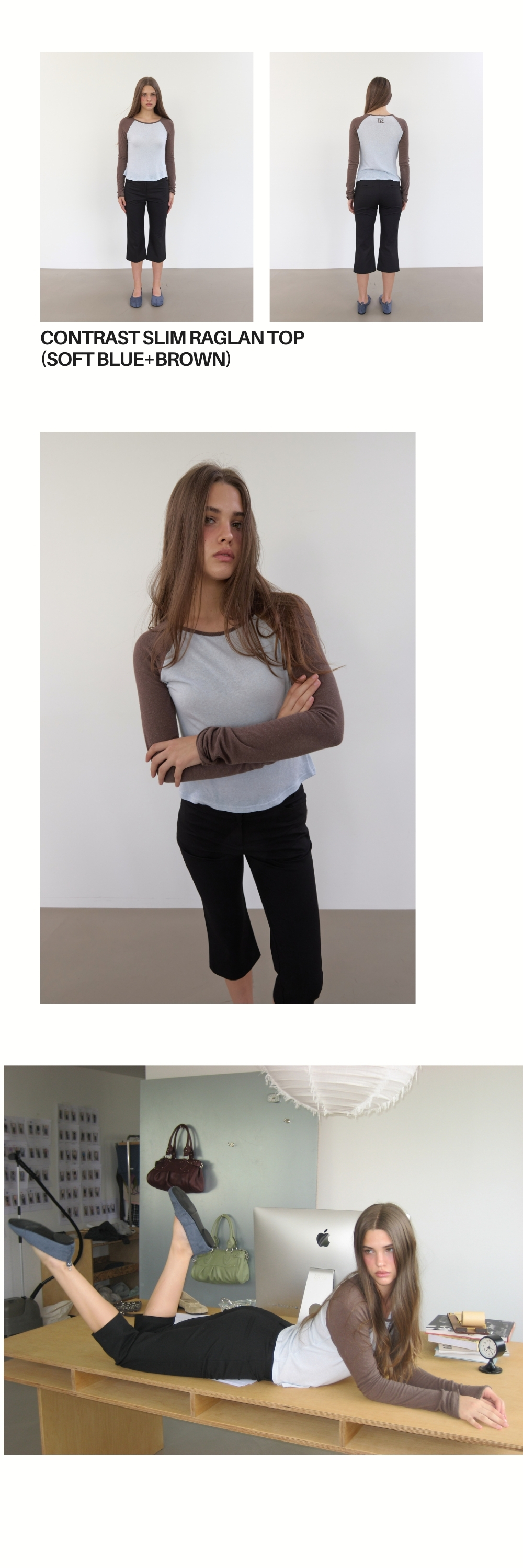 CONTRAST SLIM RAGLAN TOP (SOFT BLUE+BROWN)