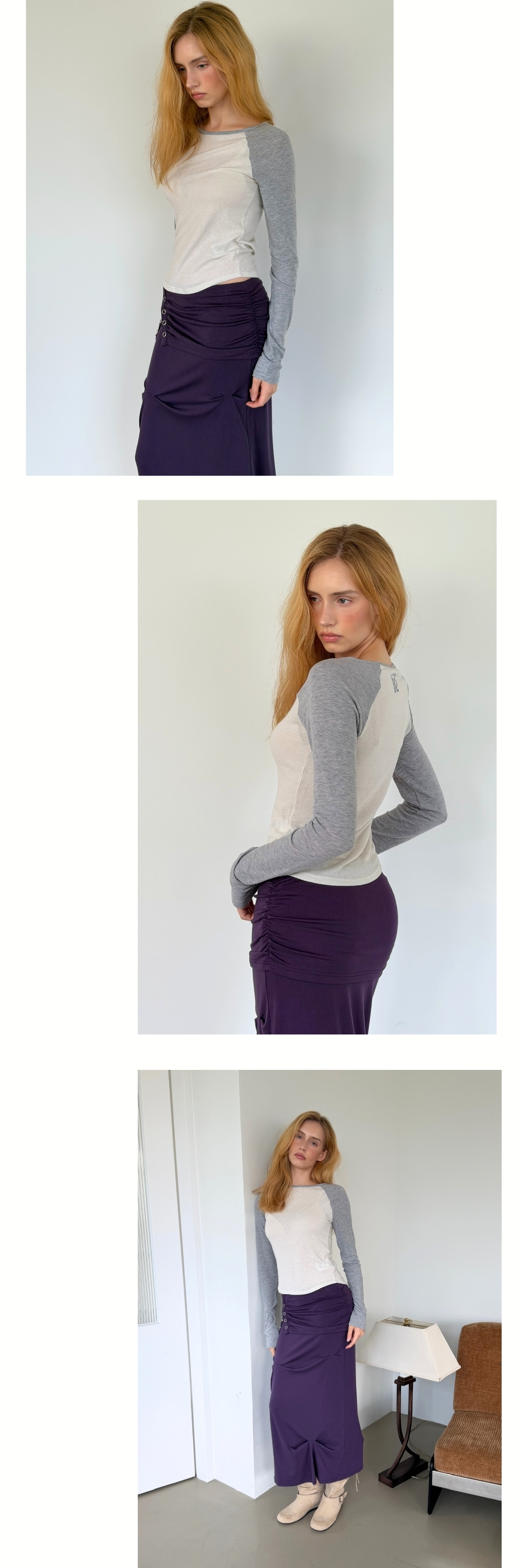 CONTRAST SLIM RAGLAN TOP (LIGHT GREY+ MELANGE GREY)