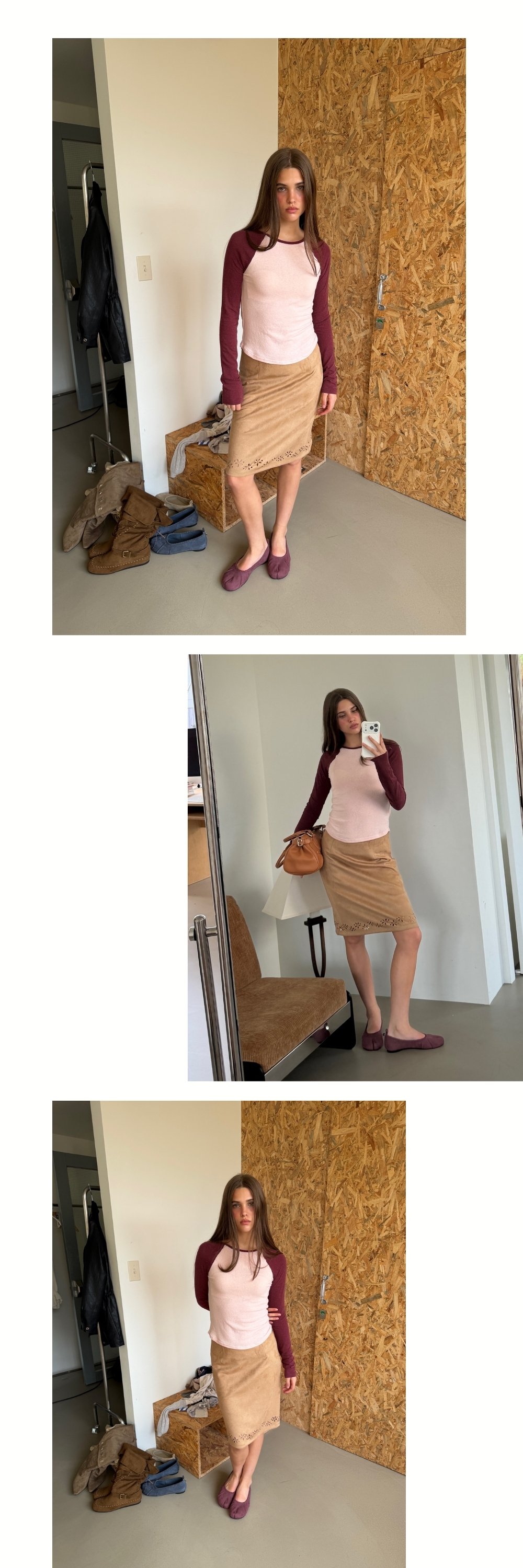 SUEDE PUNCHED MIDI SKIRT (BEIGE)
