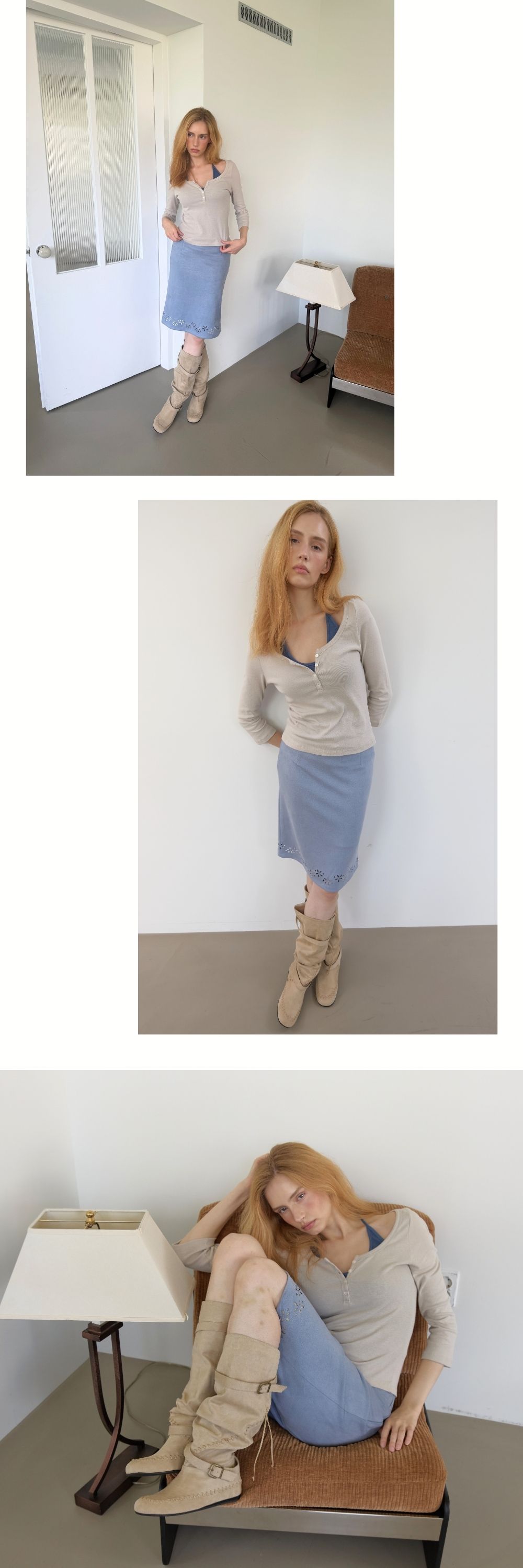 COTTON HENLEY MID SLEEVE T (GREY BEIGE)