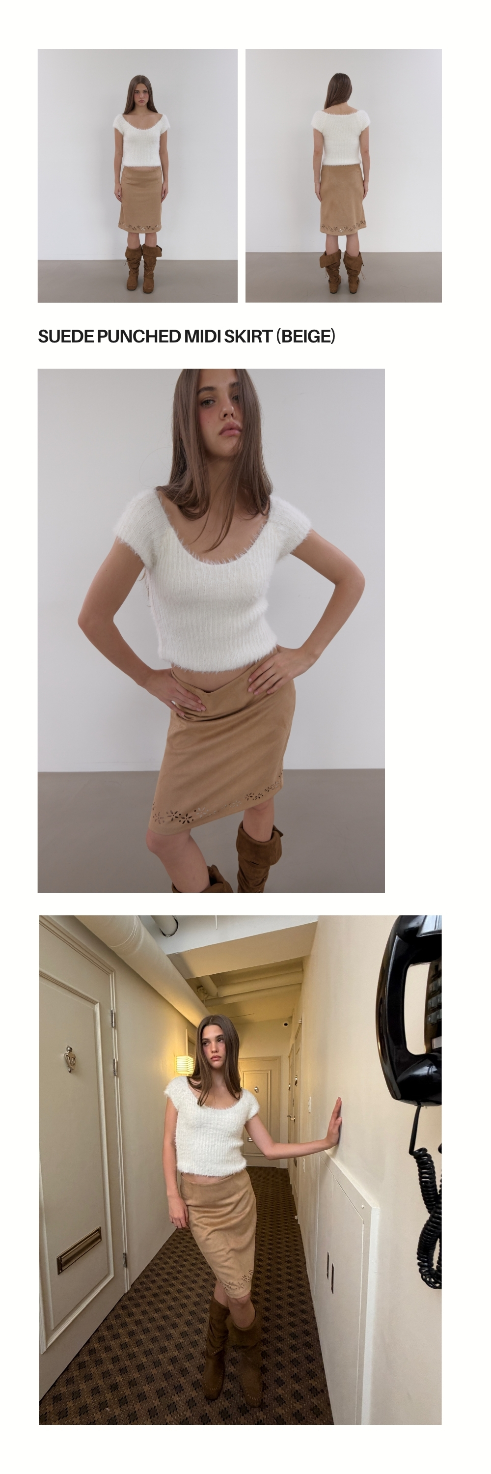 SUEDE PUNCHED MIDI SKIRT (BEIGE)