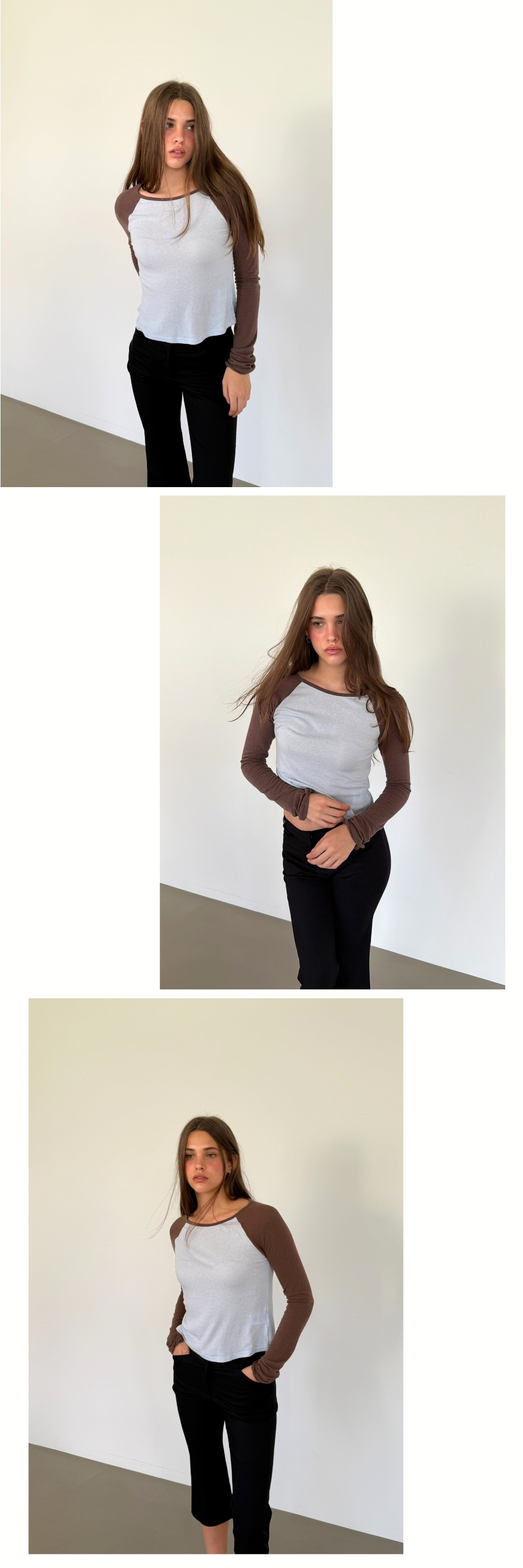 CONTRAST SLIM RAGLAN TOP (SOFT BLUE+BROWN)