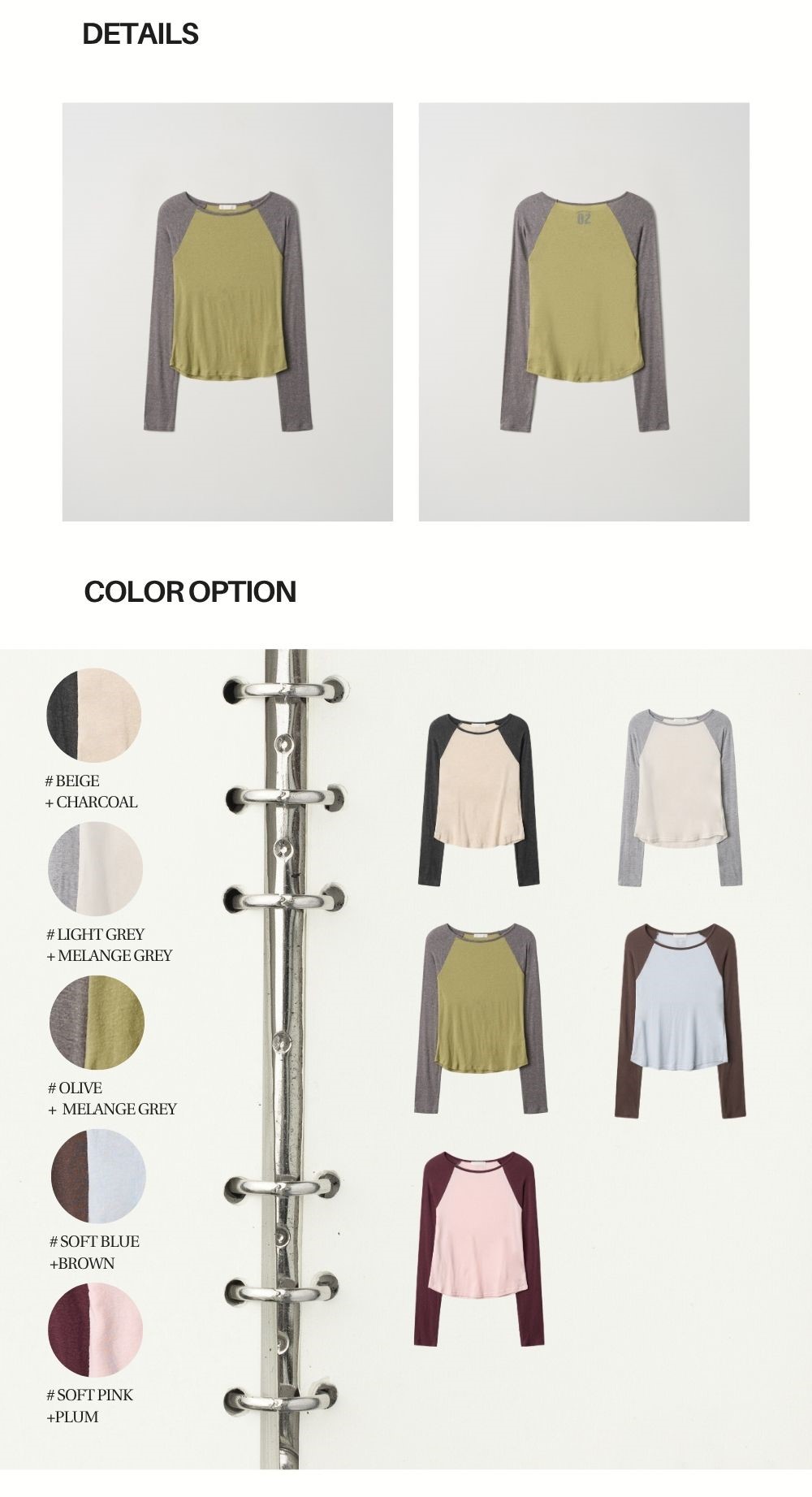 CONTRAST SLIM RAGLAN TOP (OLIVE+MELANGE GREY)