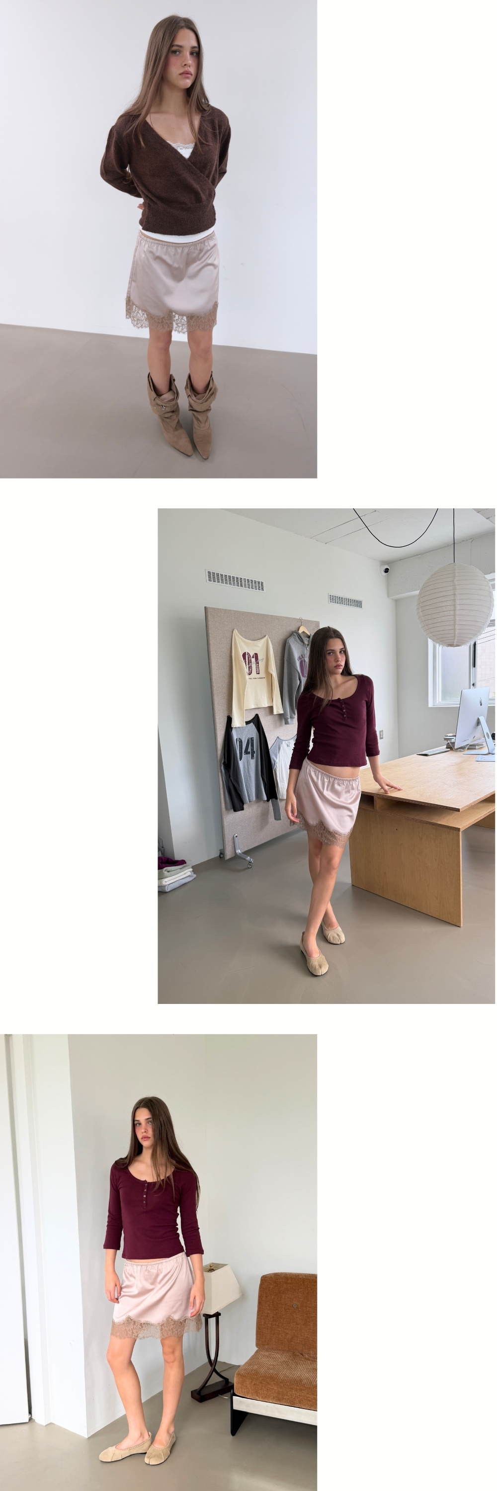 LACE SATIN BAND SKIRT (BEIGE)