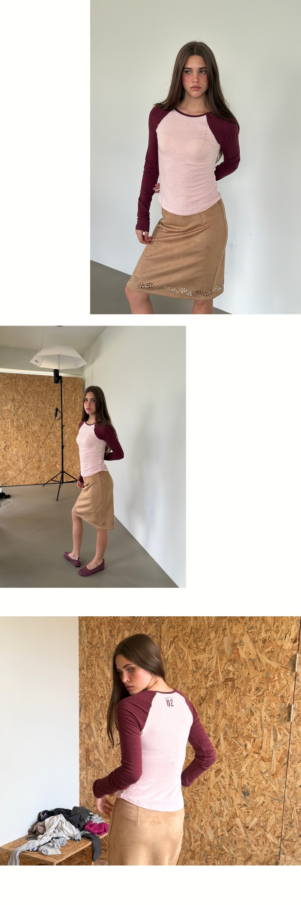 CONTRAST SLIM RAGLAN TOP (SOFT PINK+PLUM)
