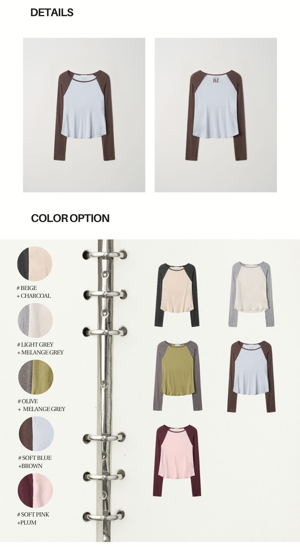 CONTRAST SLIM RAGLAN TOP (SOFT BLUE+BROWN)