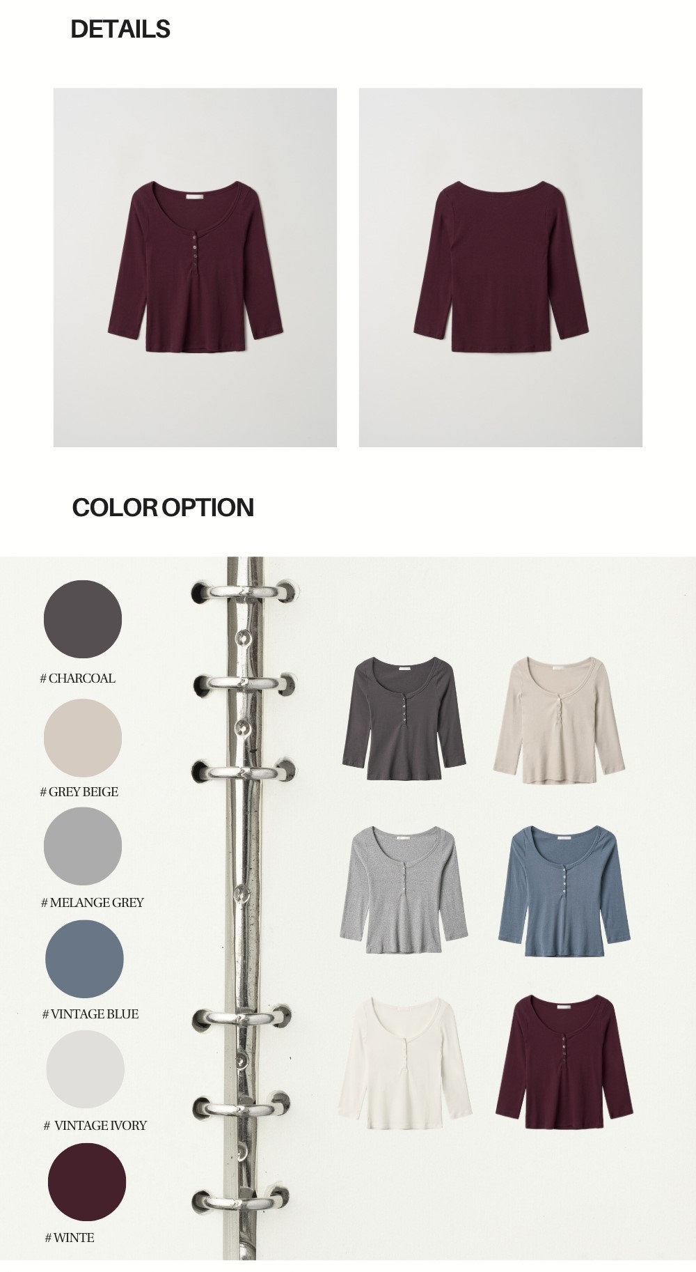 COTTON HENLEY MID SLEEVE T (WINE)