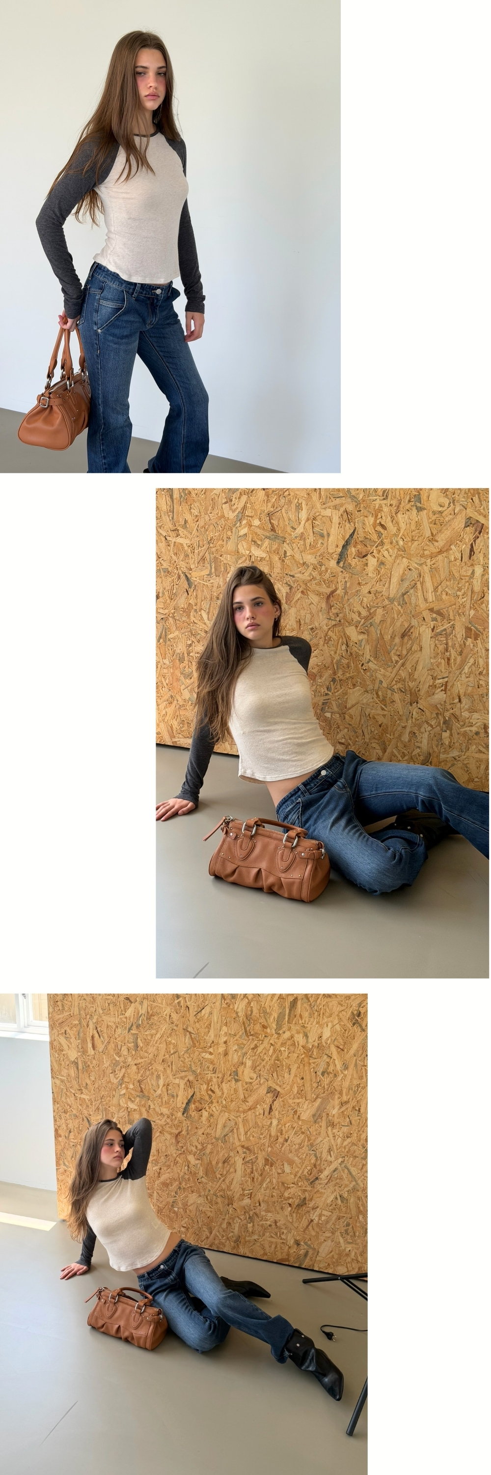 CONTRAST SLIM RAGLAN TOP (BEIGE+CHARCOAL)
