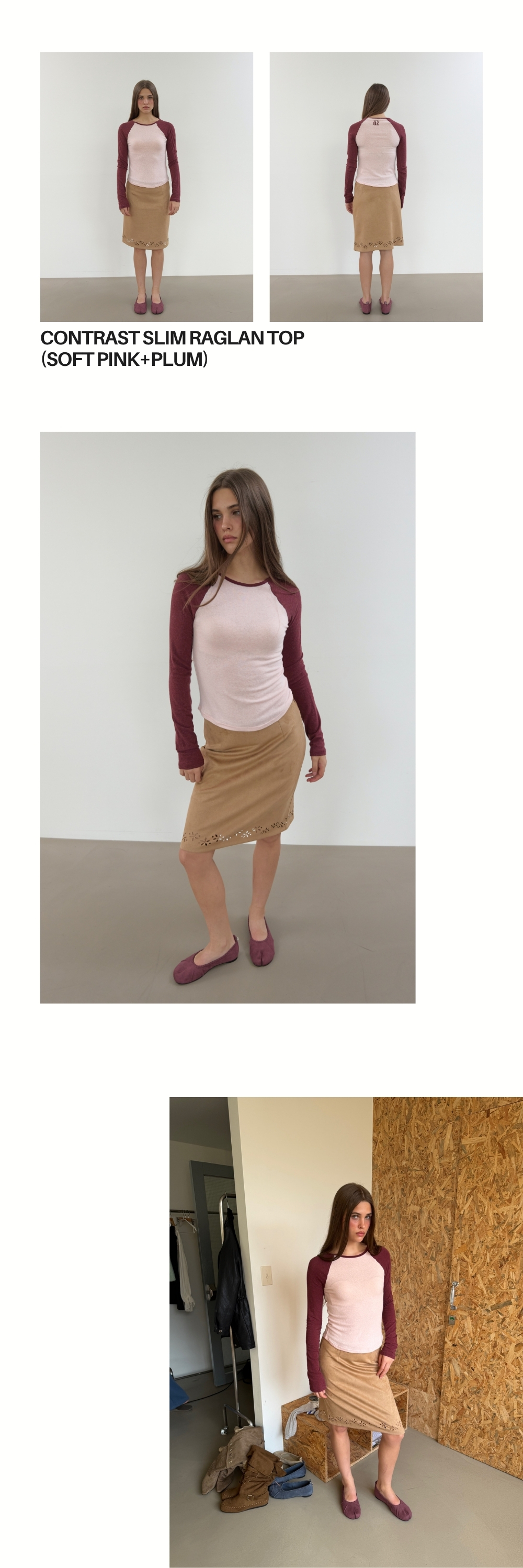 CONTRAST SLIM RAGLAN TOP (SOFT PINK+PLUM)