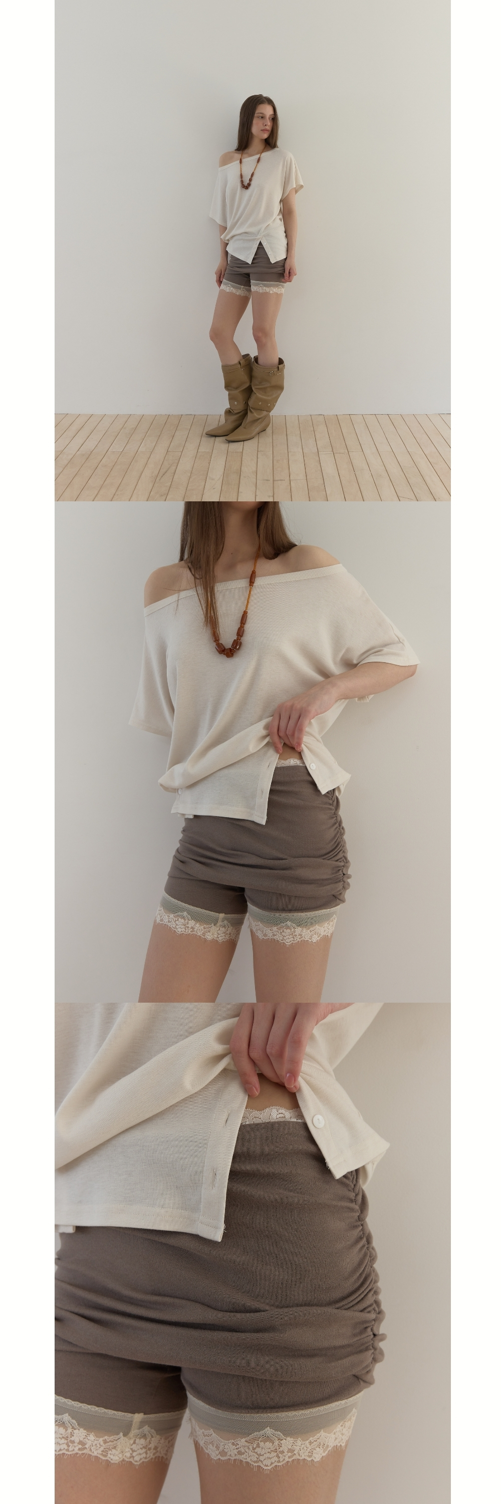 LACE SHIRRING LAYER SHORTS (BEIGE GREY)