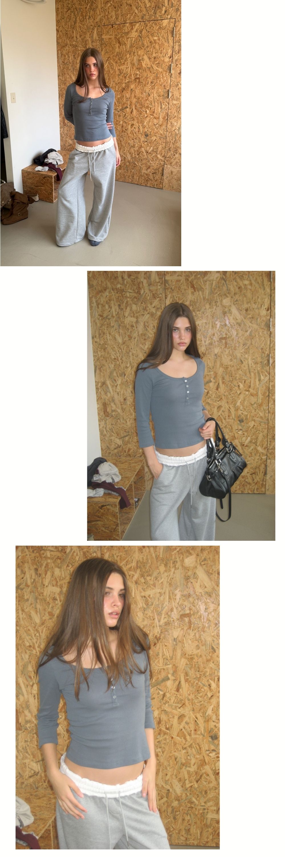 COTTON HENLEY MID SLEEVE T (VINTAGE BLUE)