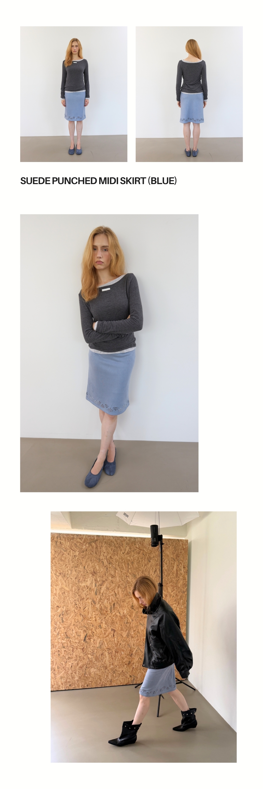 SUEDE PUNCHED MIDI SKIRT (BLUE)