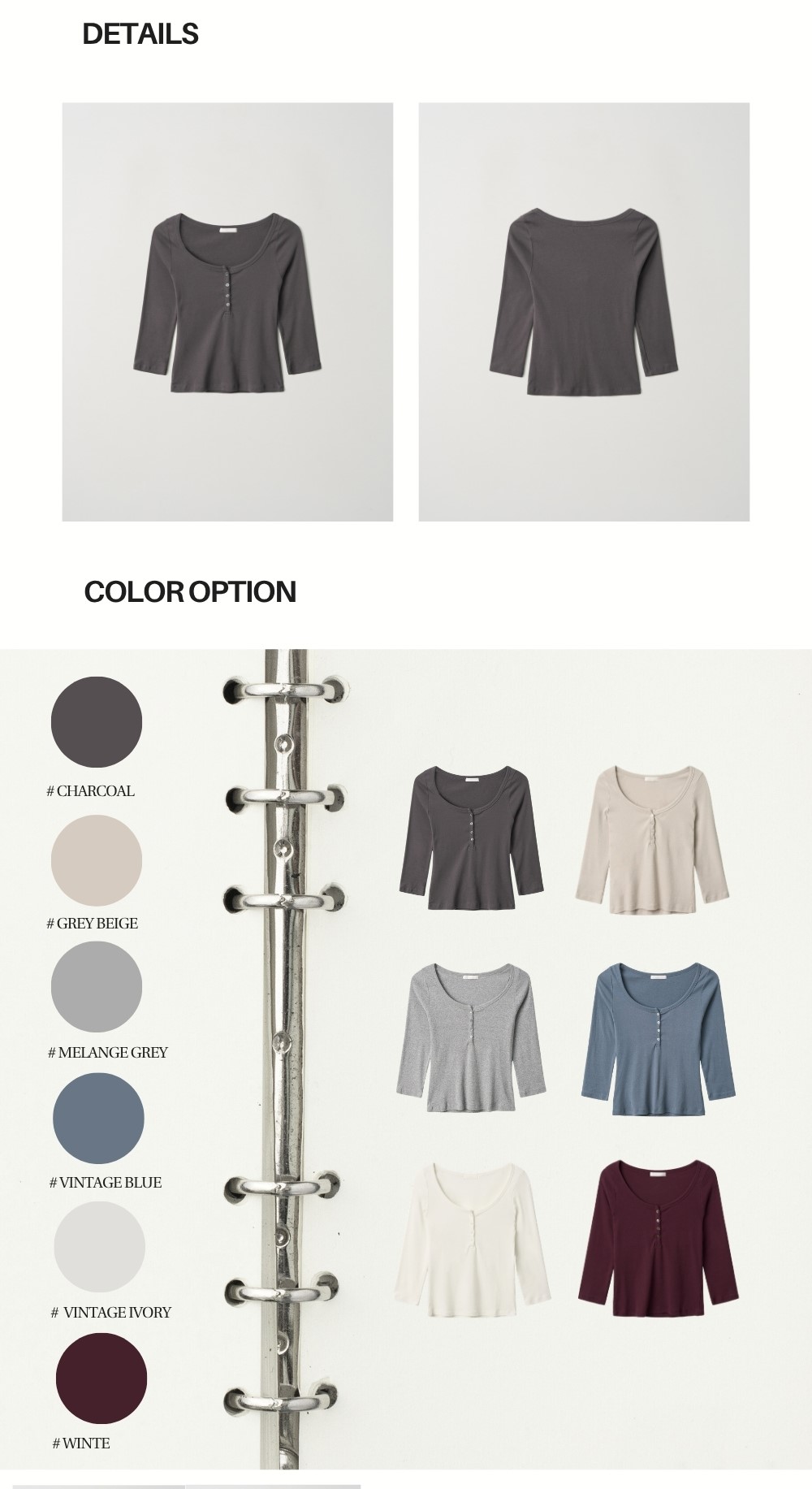 COTTON HENLEY MID SLEEVE T (CHARCOAL)