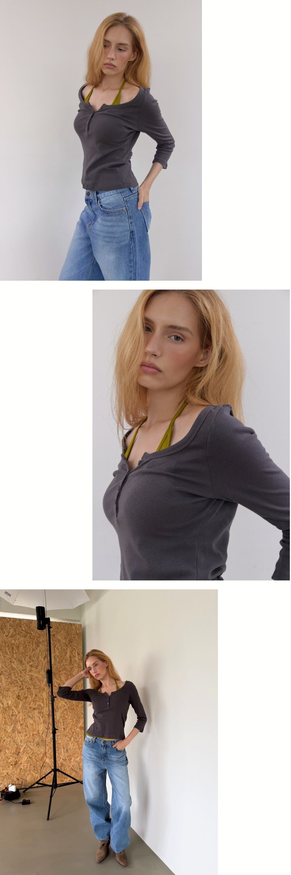 COTTON HENLEY MID SLEEVE T (CHARCOAL)