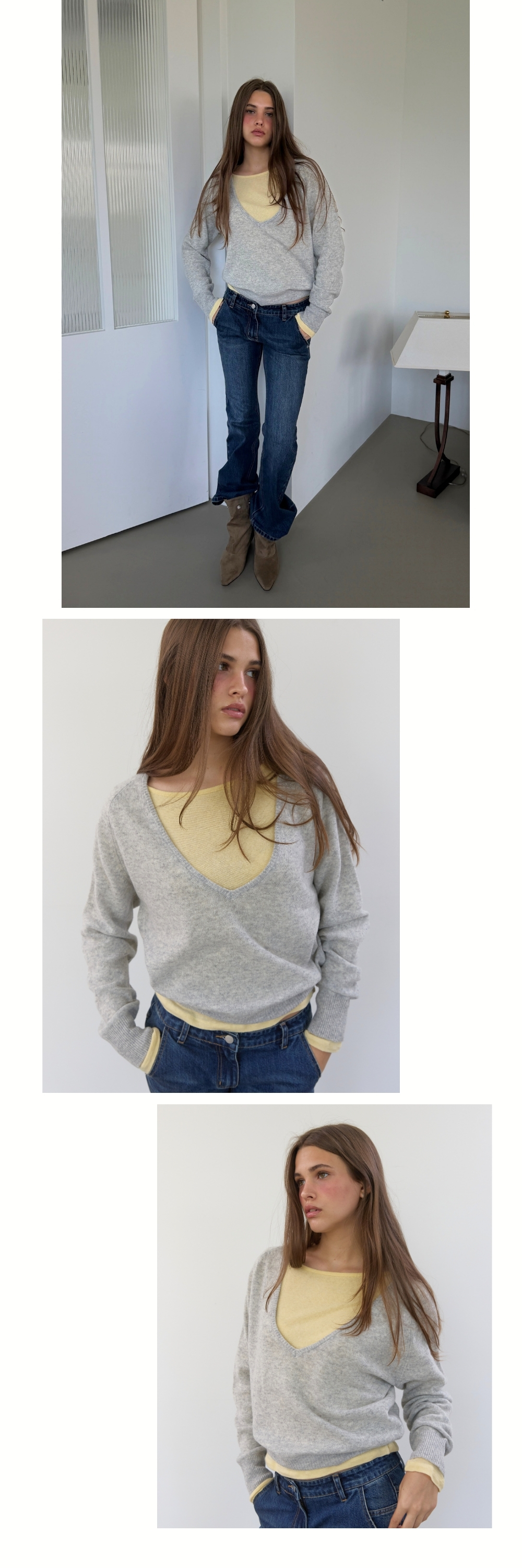 PURE WOOL DEEP V KNIT (MELANGE GREY)
