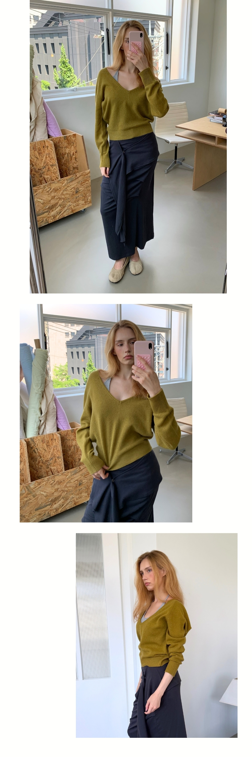 PURE WOOL DEEP V KNIT (OLIVE)