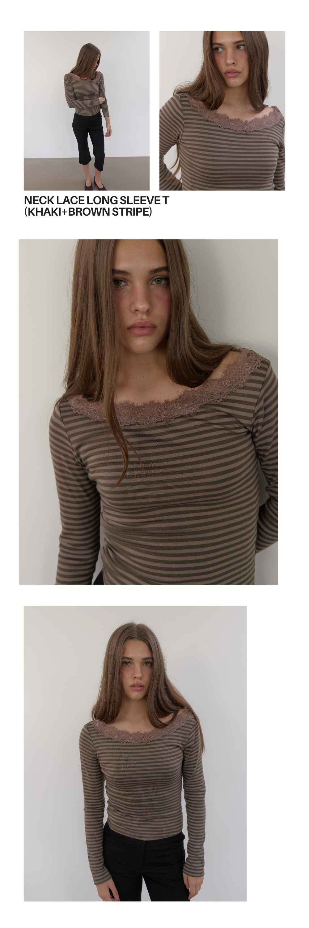 NECK LACE LONG SLEEVE T (KHAKI+BROWN STRIPE)