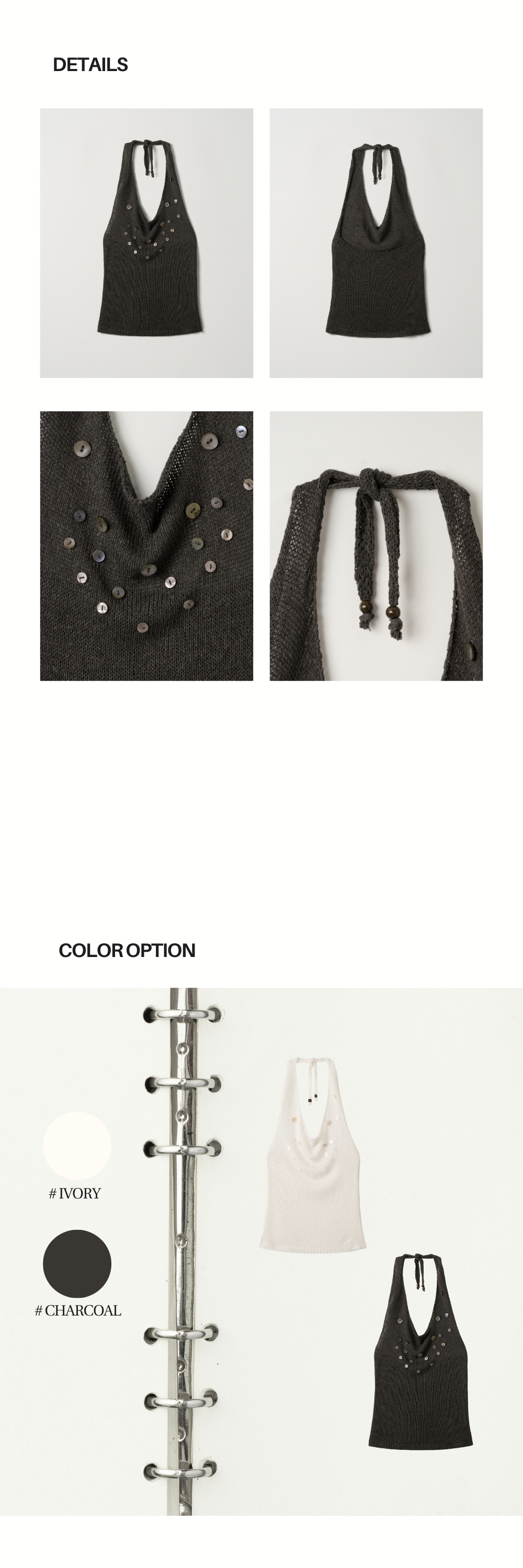 SHELL BUTTON HALTER KNIT (CHARCOAL)