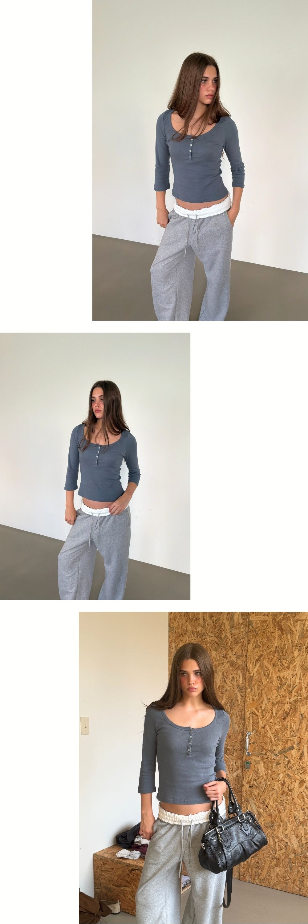 COTTON HENLEY MID SLEEVE T (VINTAGE BLUE)
