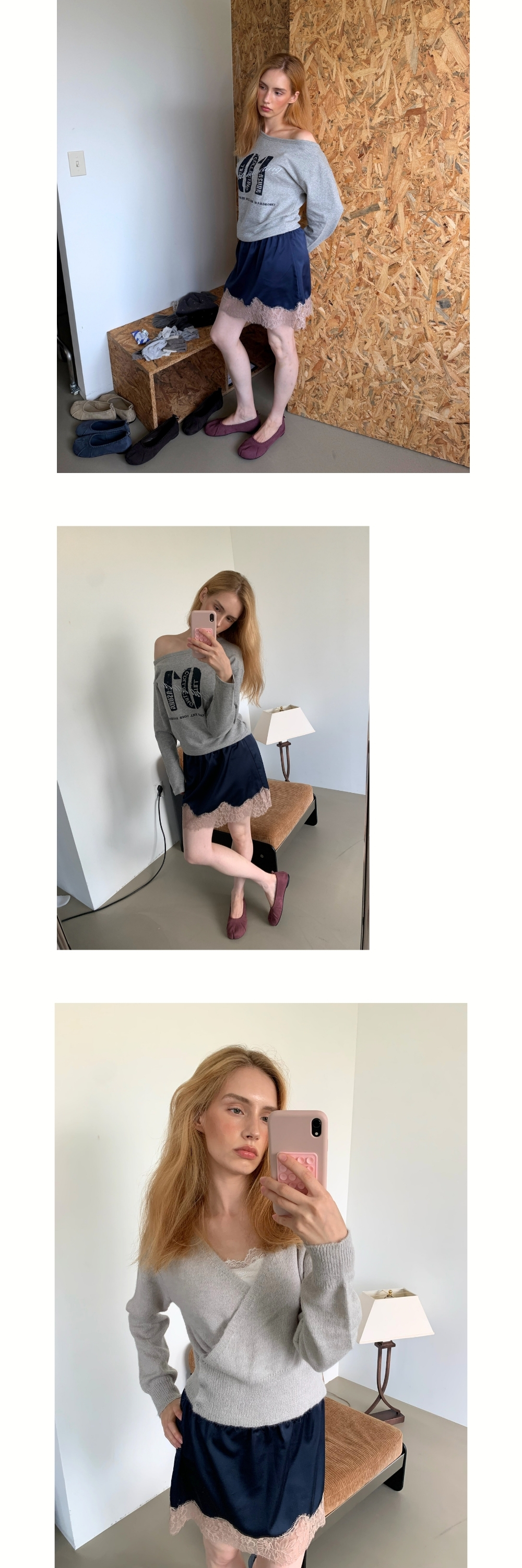 LACE SATIN BAND SKIRT (NAVY)
