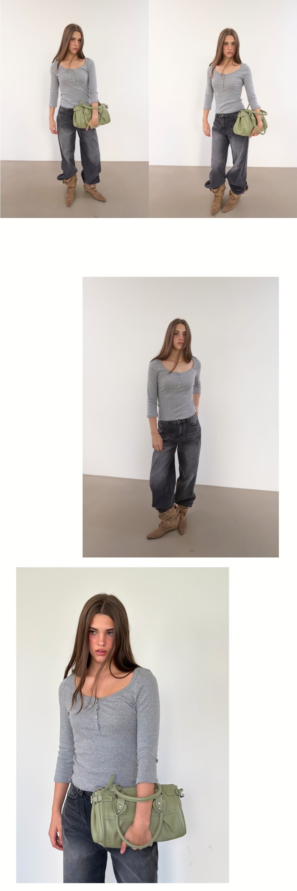 COTTON HENLEY MID SLEEVE T (MELANGE GREY)