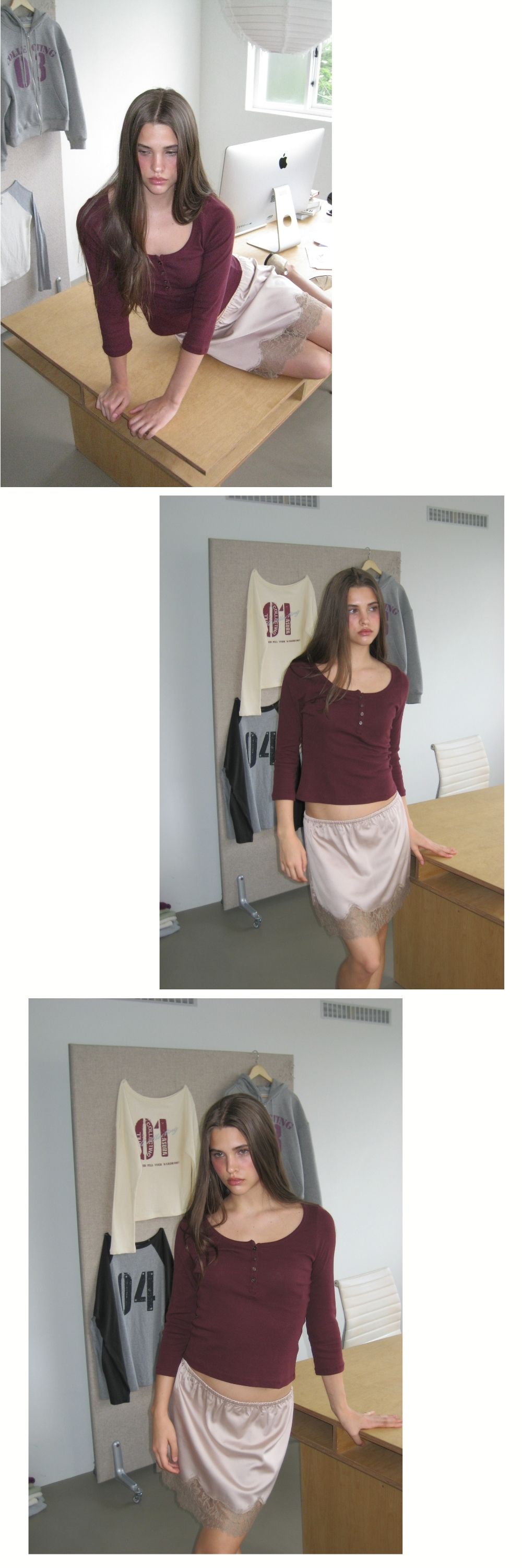COTTON HENLEY MID SLEEVE T (WINE)