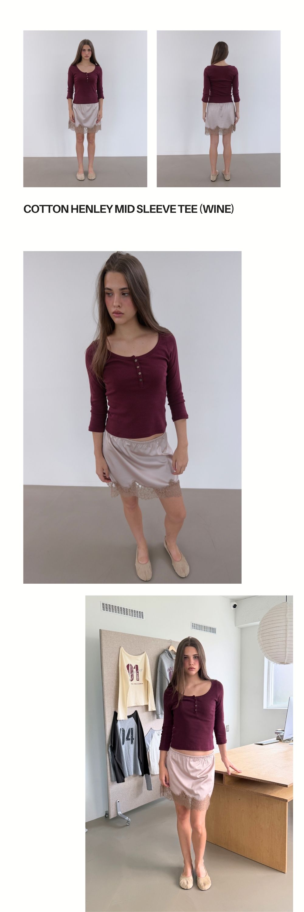 COTTON HENLEY MID SLEEVE T (WINE)