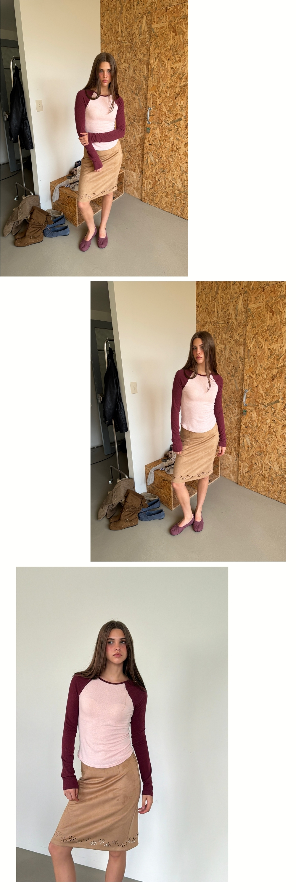 CONTRAST SLIM RAGLAN TOP (SOFT PINK+PLUM)