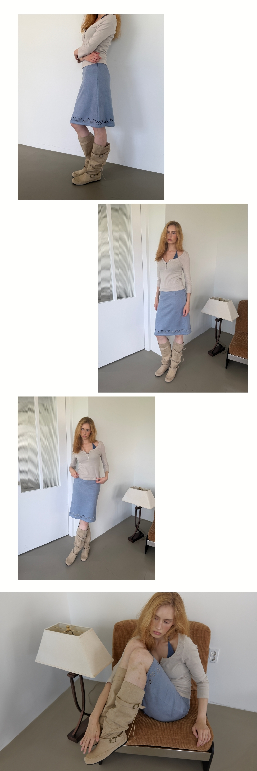 SUEDE PUNCHED MIDI SKIRT (BLUE)