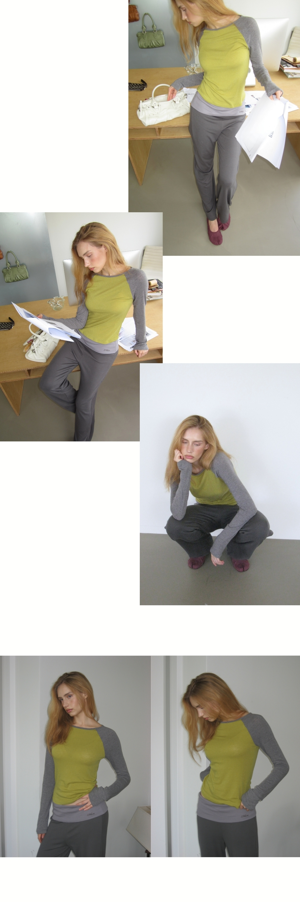 CONTRAST SLIM RAGLAN TOP (OLIVE+MELANGE GREY)