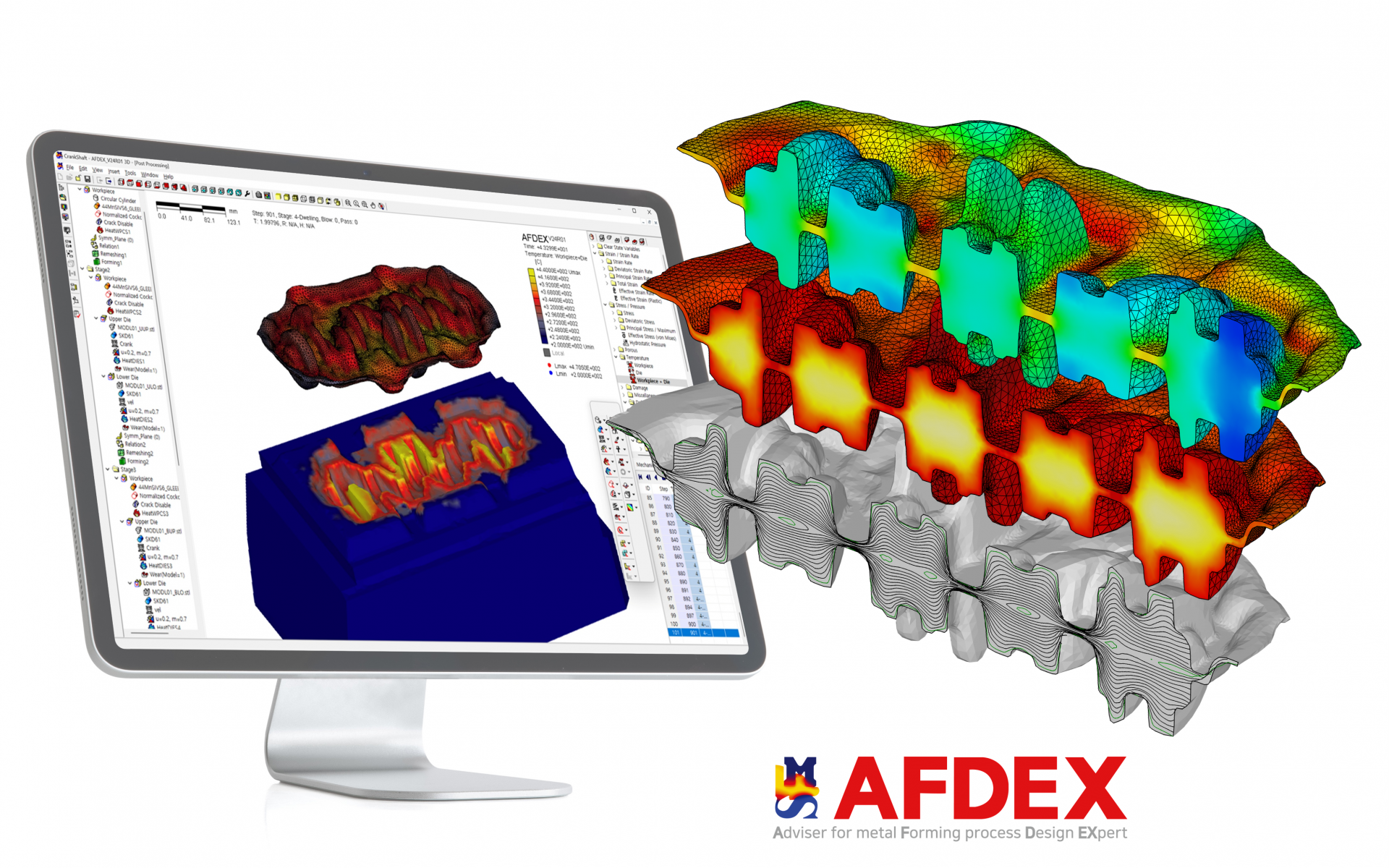 AFDEX 소성가공 성형해석 소프트웨어 - 고정도 단조 해석 및 소성가공 공정 시뮬레이션. 3D 변형 해석을 통한 최적화된 소성가공 솔루션 제공