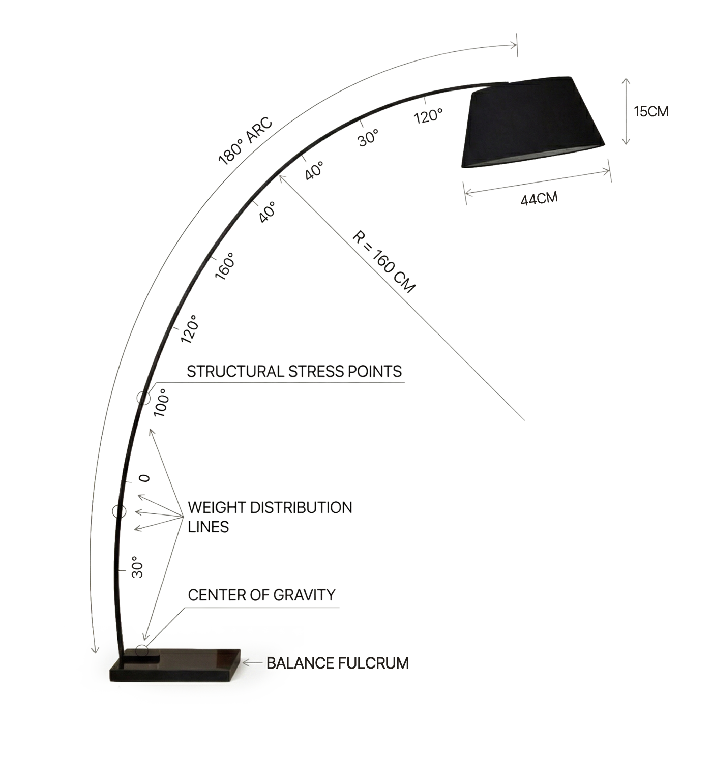 B-HAS 1800 floor lamp product shot — black metal rod and marble base closeup