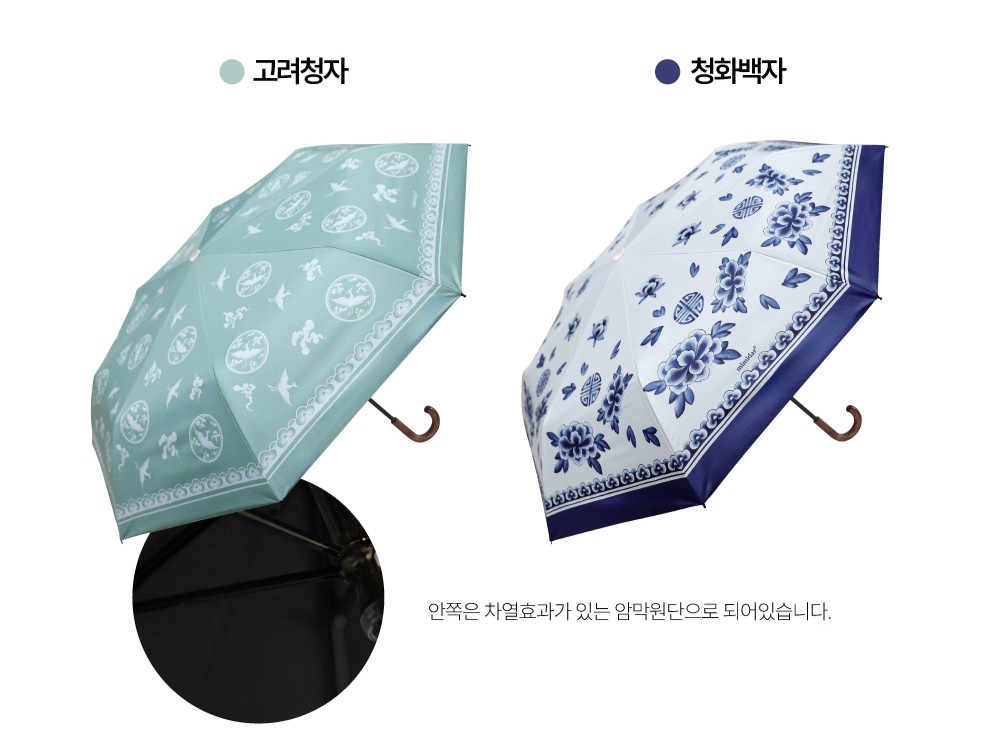 고려청자 암막 우양산 — 청화백자 3단 자외선 차단 양산