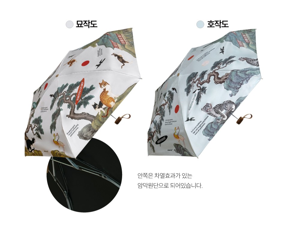 초경량 암막 우양산 — 호작도 묘작도 민화 5단 미니 양산 겸용