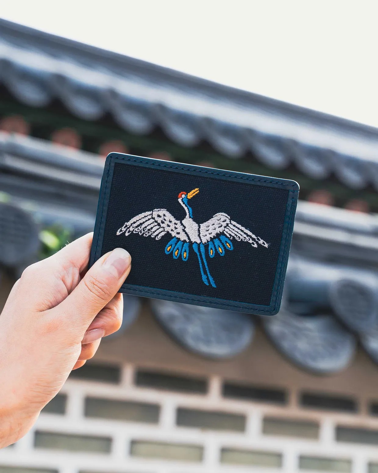 Italian Leather Card Wallet – Korean Crane Pattern Longevity Gift