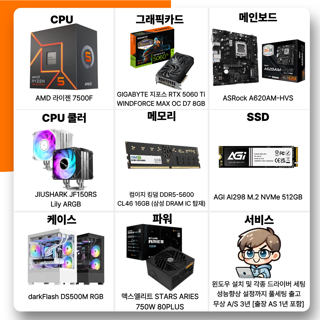 [현금결제]월간견적 4번 PC 라이젠 7500F + 라데온 RX 9060 XT 8GB