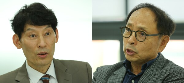 박성민(왼쪽) 정치컨설팅 민 대표와 김형준 배재대 석좌교수가 지난 9일 서울 강남구 법률방송에서 대담을 진행하고 있다. /김태호 기자