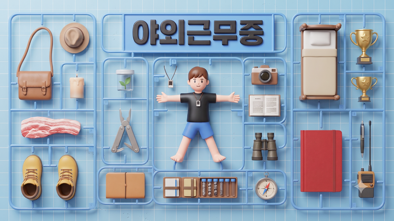 프라모델 부품처럼 배열된 야외근무중 뉴스레터 일러스트, 캔들·삼겹살·침대·트로피 등 본문에 등장하는 팝업 사례 소재들