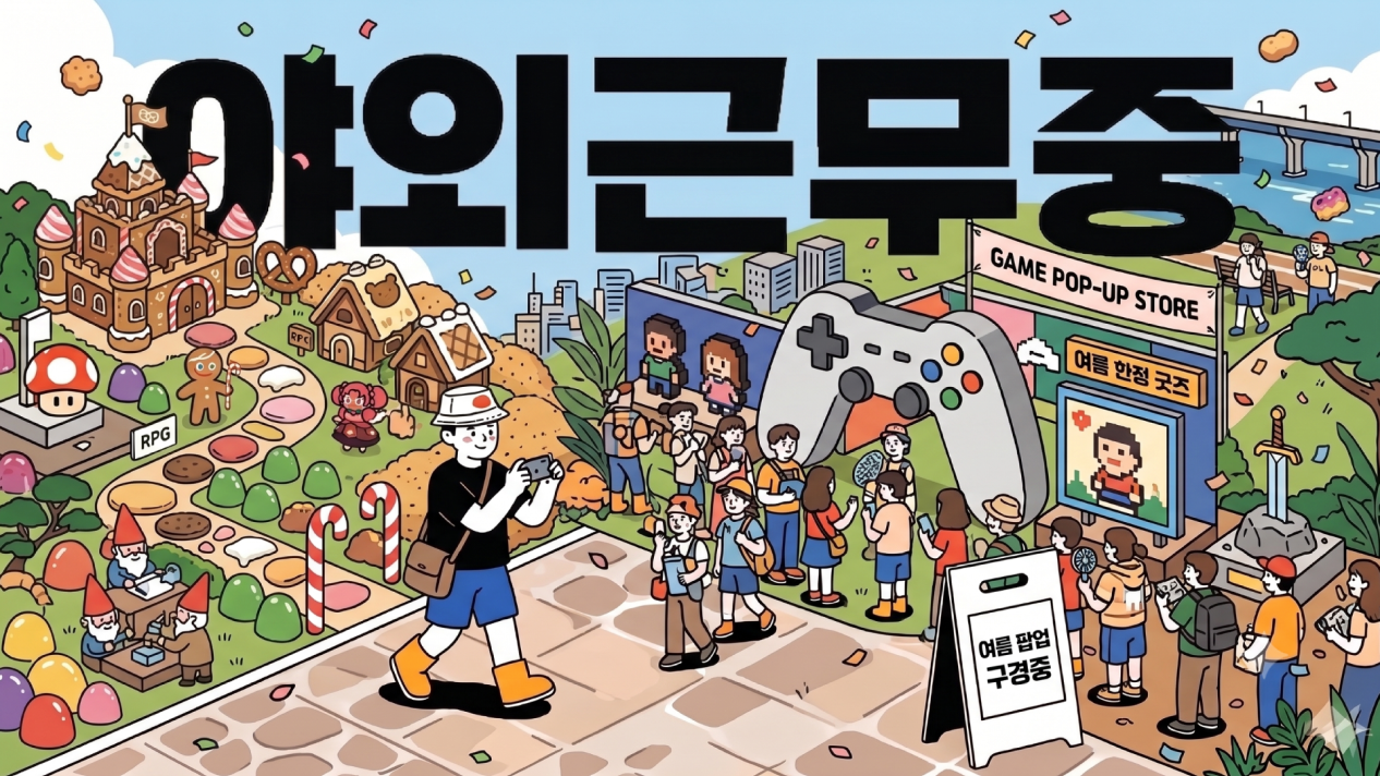 게임 팝업스토어 앞에 사람들이 줄을 선 야외근무중 뉴스레터 일러스트