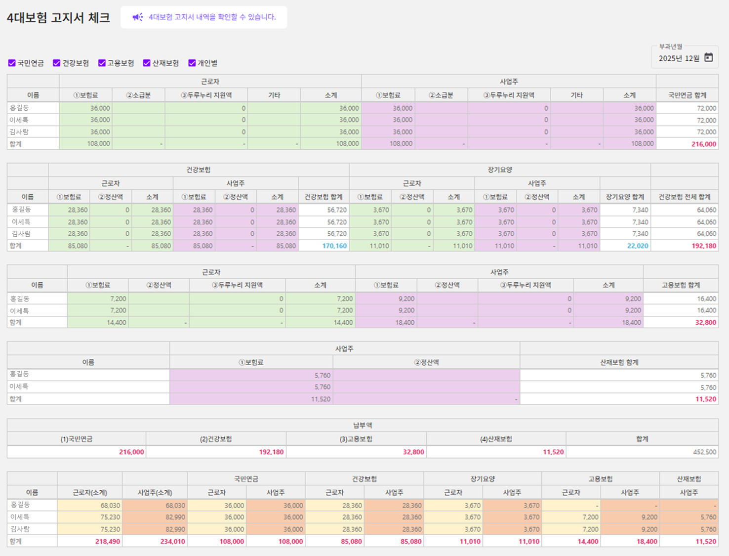 4대보험 사회보험료 사업주부담분 일괄확인 자동정리 정리솔루션