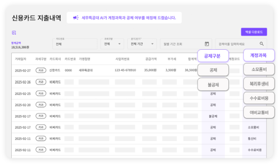 AI경리 세무특공대 부가세공제매칭, 계정과목자동매칭