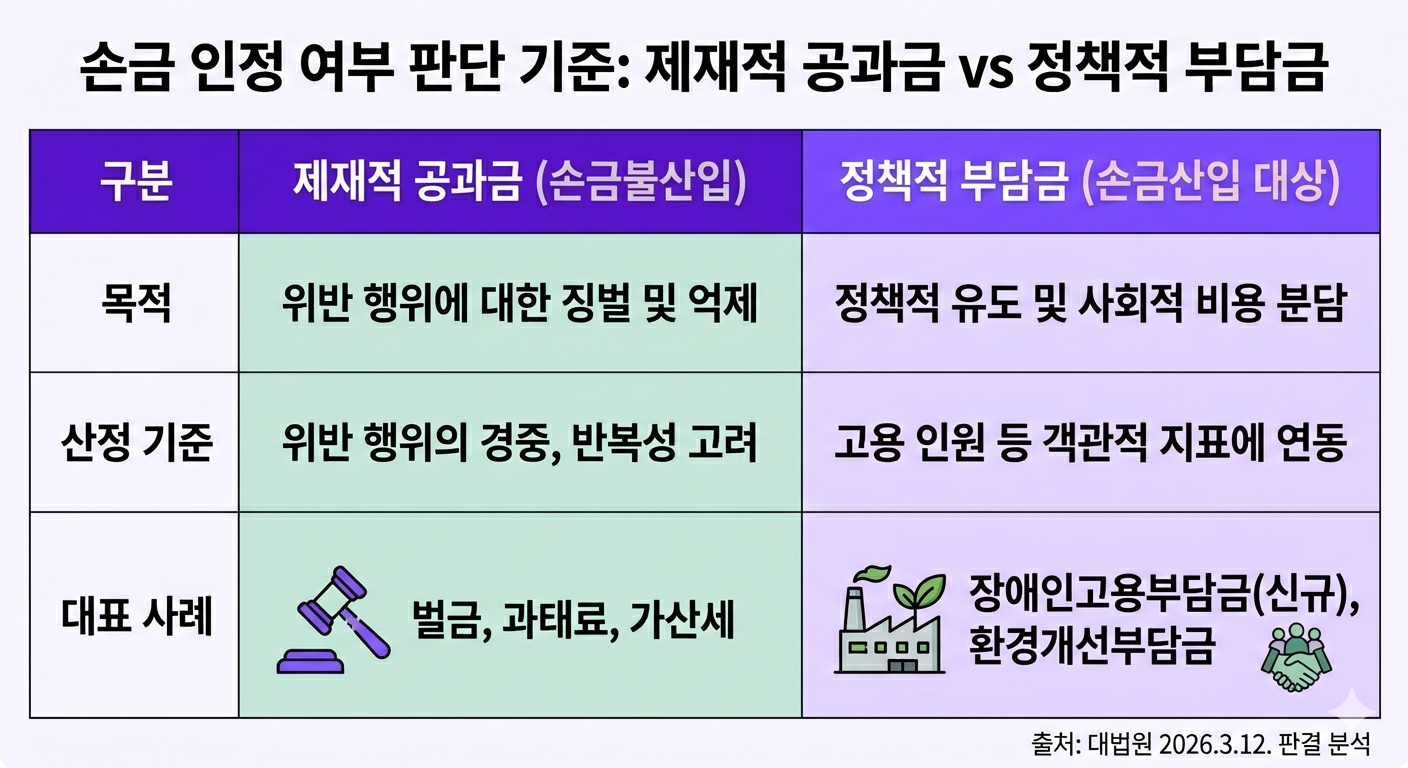 장애인고용부담금 법인세 손금 인정 판례 분석표 제재적 공과금과 정책적 부담금 비교 인포그래픽