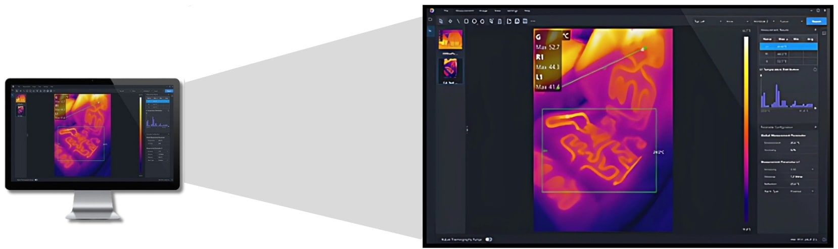 Test Tool A 시리즈 열화상 카메라 | 직무고시 보고서 작성 지원 | 라디오메트리 기능과 데이터 분석 제공