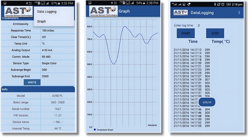 AST 적외선 온도계 A250 | A450 | 모바일 앱 데이터로깅 및 분석