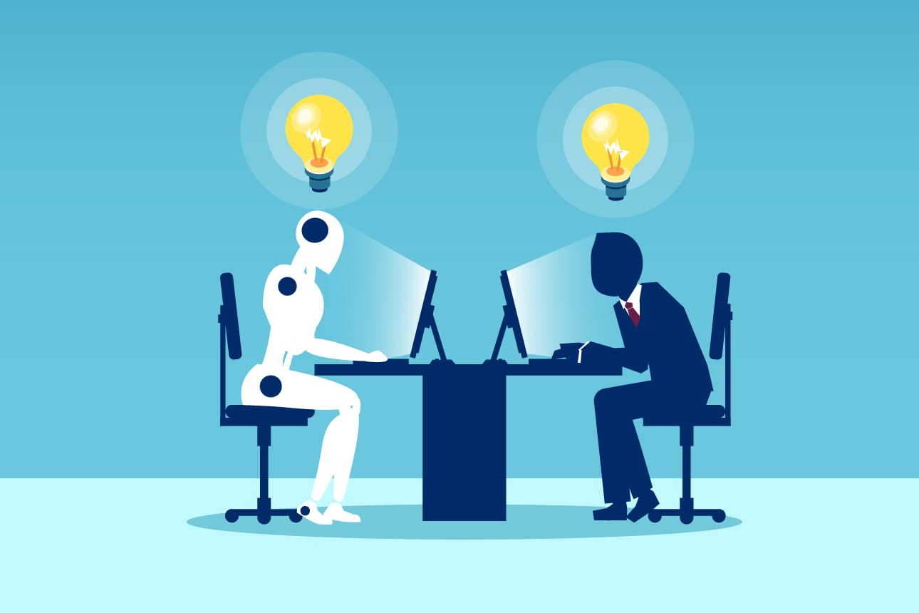 An illustration showing an AI robot and a human collaborating on computers, symbolizing shared innovation