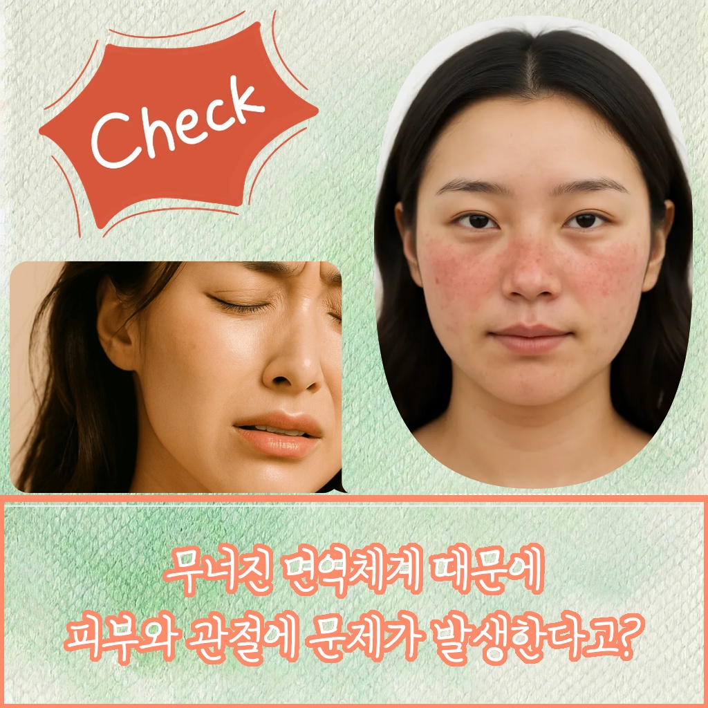 무너진 면역체계로 인해 피부와 관절에 문제가 발생하는 증상 설명 이미지