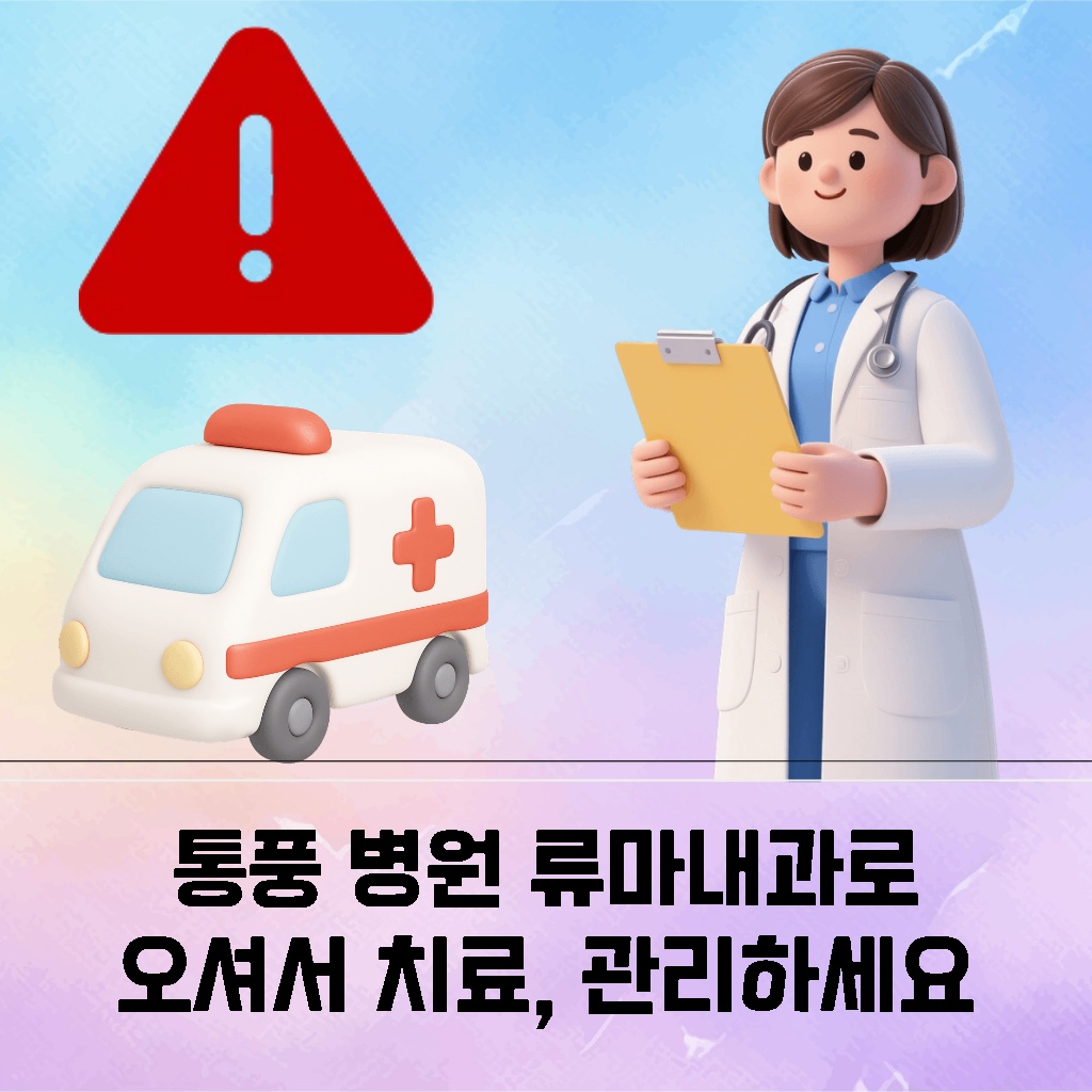 통풍 증상으로 류마내과 병원을 방문하여 치료와 관리를 받는 것을 권장하는 내용의 설명 이미지
