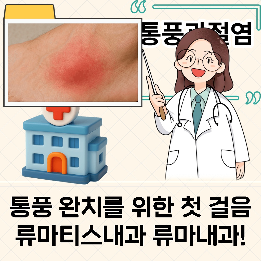 통풍 완치를 위한 첫 걸음으로 류마티스내과를 방문해야 한다는 설명 이미지