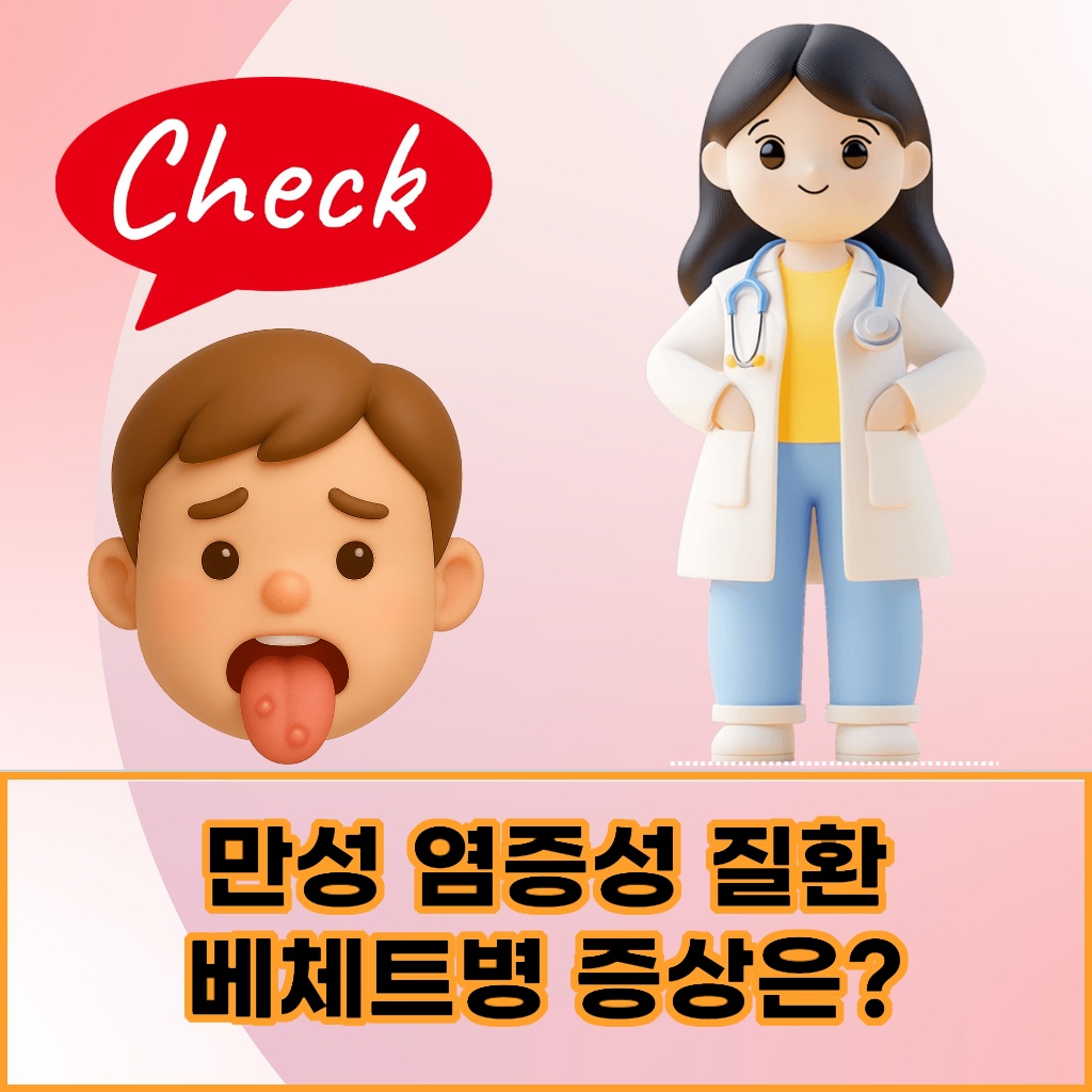 만성 염증성 질환인 베체트병의 주요 증상을 알려주는 설명 이미지