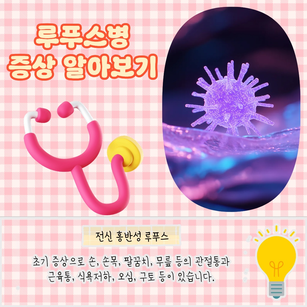 관절통, 근육통, 식욕저하, 오심, 구토 등 전신 홍반성 루푸스의 초기 증상을 설명하는 이미지